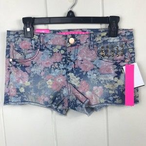 Tinseltown Denim Couture Distressed Jean Floral Shorts 90's Y2K NWT Embellished